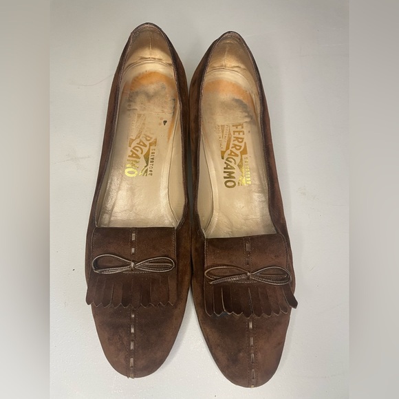 Salvatore Ferragamo Vintage Brown Suede Women’s Loafer Heel Fringe Bow Size 9 - Picture 4 of 16